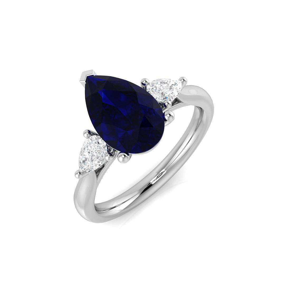 Blue Sapphire Three Stone Ring Pear Cut Trilogy with Natural Diamonds in 10K/14K gold and platinum with certified lab-grown or natural diamonds