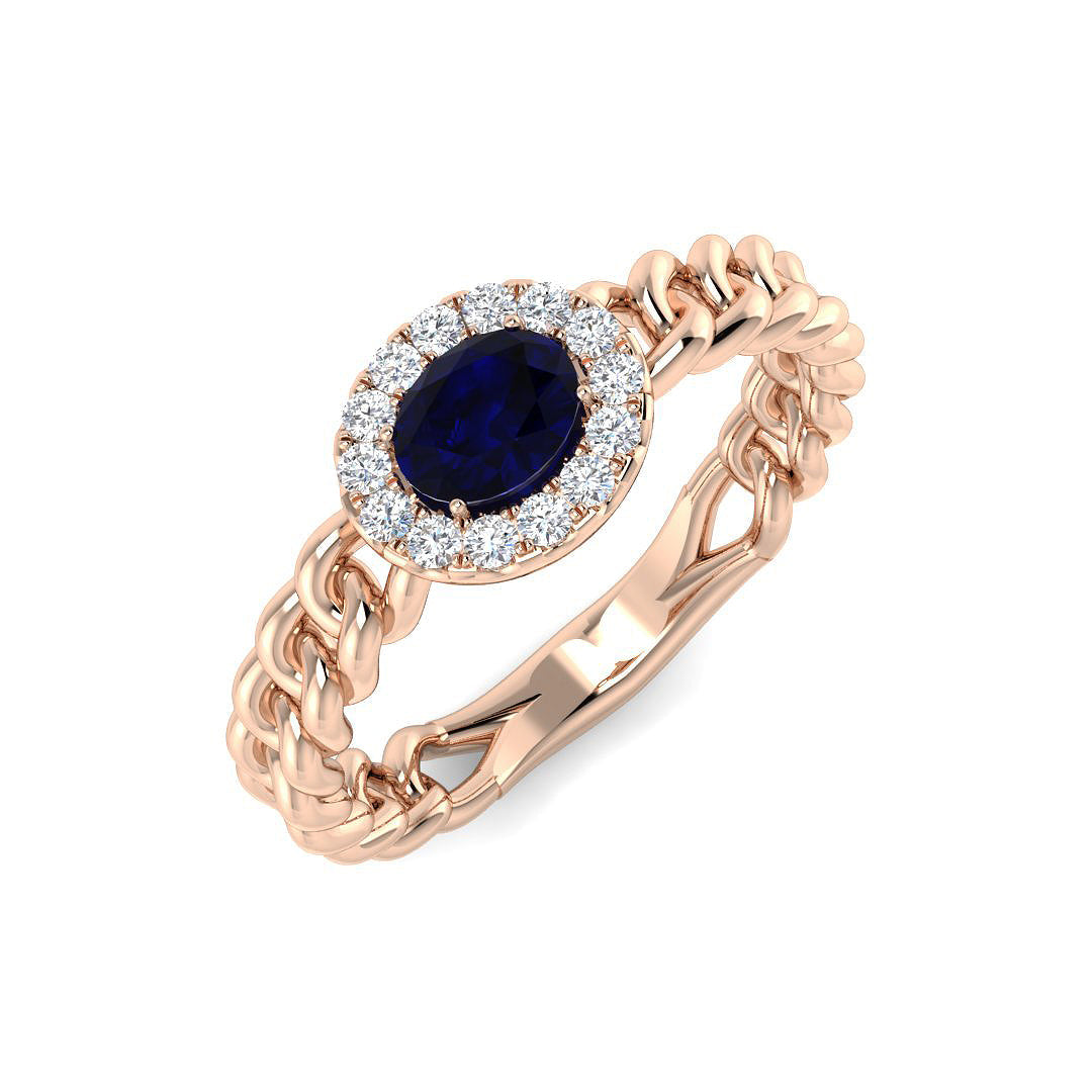 Oval Blue Sapphire Halo Ring with Braided Gold Band in 10K/14K gold and platinum with certified lab-grown or natural diamonds