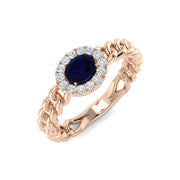 Oval Blue Sapphire Halo Ring with Braided Gold Band in 10K/14K gold and platinum with certified lab-grown or natural diamonds