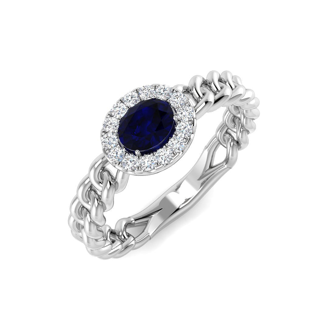 Oval Blue Sapphire Halo Ring with Braided Gold Band in 10K/14K gold and platinum with certified lab-grown or natural diamonds