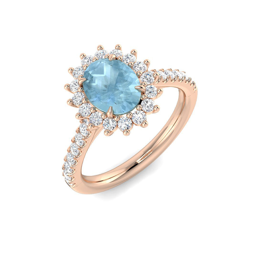 Oval Cut Aquamarine Ring with Diamond Cluster Halo - Gold & in 10K/14K gold and platinum with certified lab-grown or natural diamonds