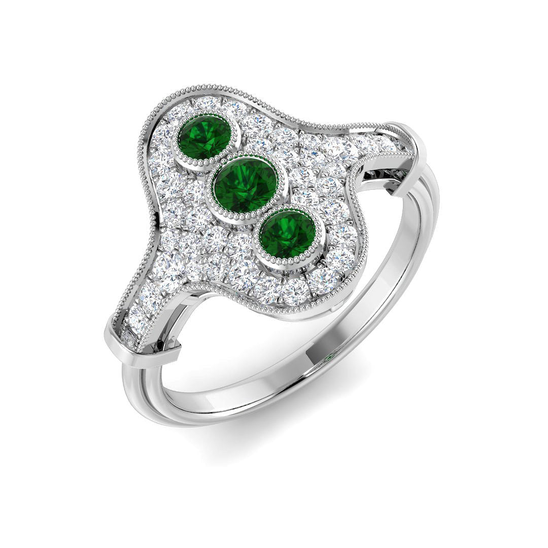 Trio Set Emerald Diamond Halo Ring with Vintage Milgrain Design in 10K/14K gold and platinum with certified lab-grown or natural diamonds
