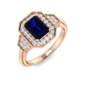 Vintage Emerald Cut Blue Sapphire Halo Ring with Double Diamond Halo in 10K/14K gold and platinum with certified lab-grown or natural diamonds