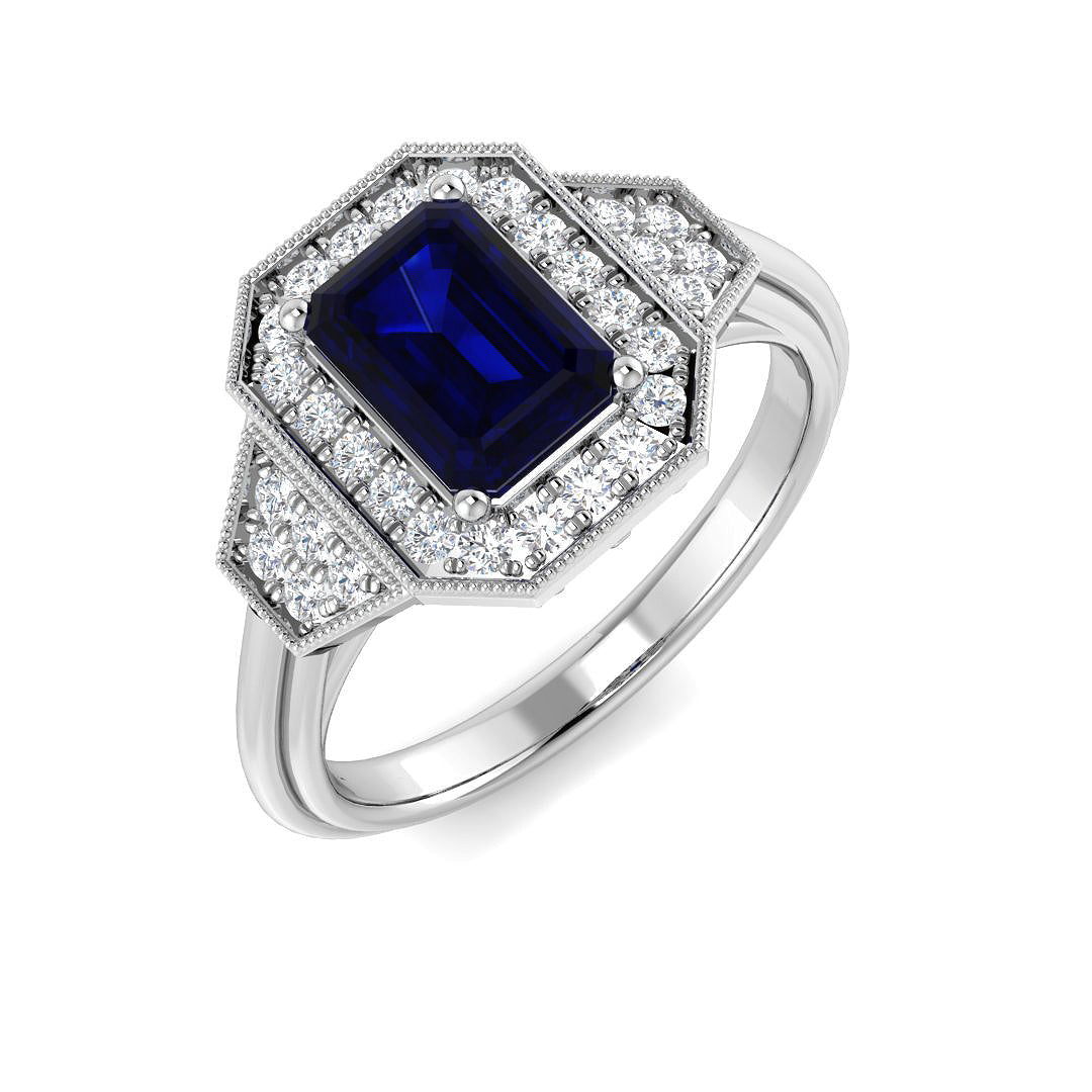 Vintage Emerald Cut Blue Sapphire Halo Ring with Double Diamond Halo in 10K/14K gold and platinum with certified lab-grown or natural diamonds