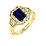 Vintage Emerald Cut Blue Sapphire Halo Ring with Double Diamond Halo in 10K/14K gold and platinum with certified lab-grown or natural diamonds