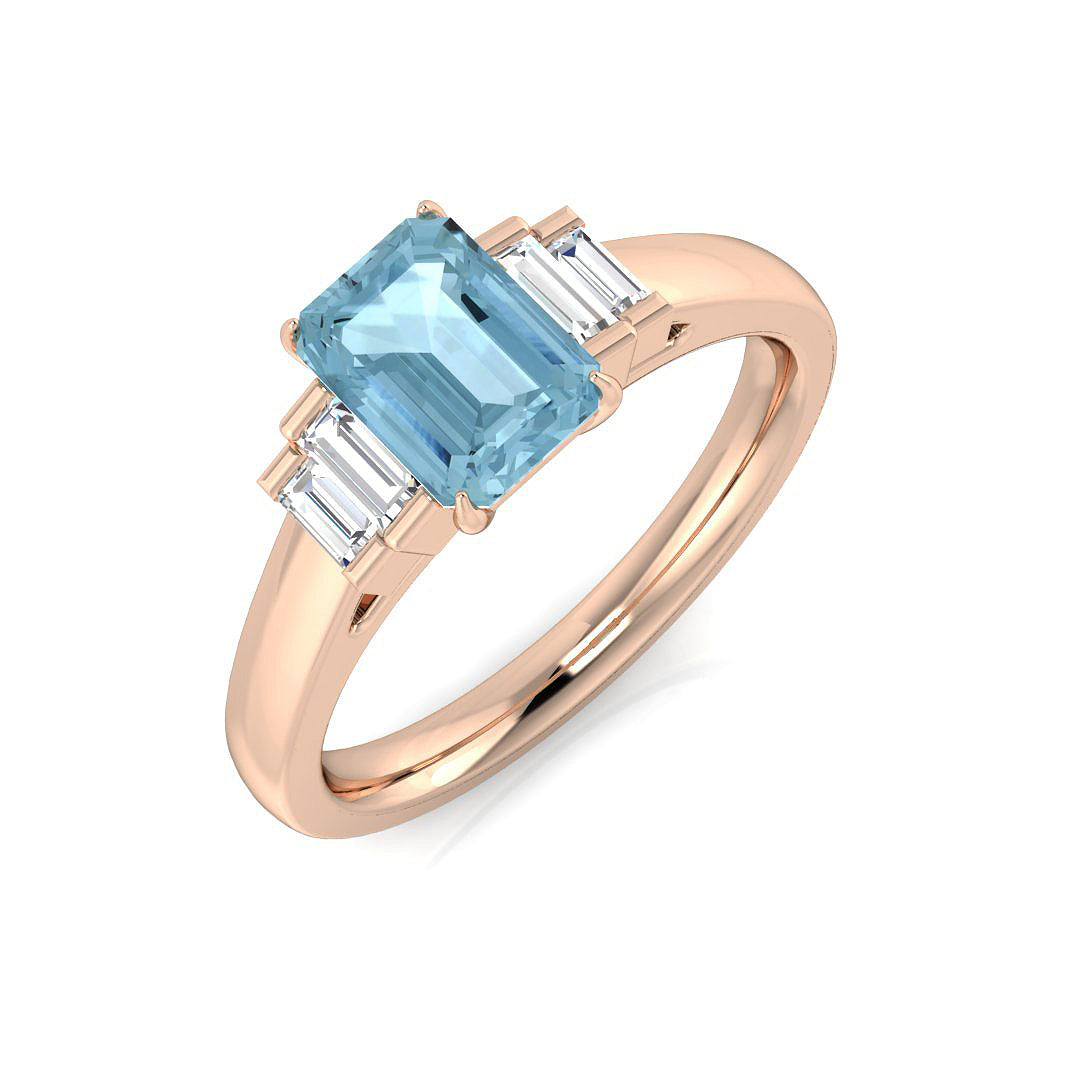 Emerald Cut Aquamarine Ring with Baguette Diamonds - UK Hallmarked in 10K/14K gold and platinum with certified lab-grown or natural diamonds