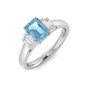Emerald Cut Aquamarine Ring with Baguette Diamonds - UK Hallmarked in 10K/14K gold and platinum with certified lab-grown or natural diamonds