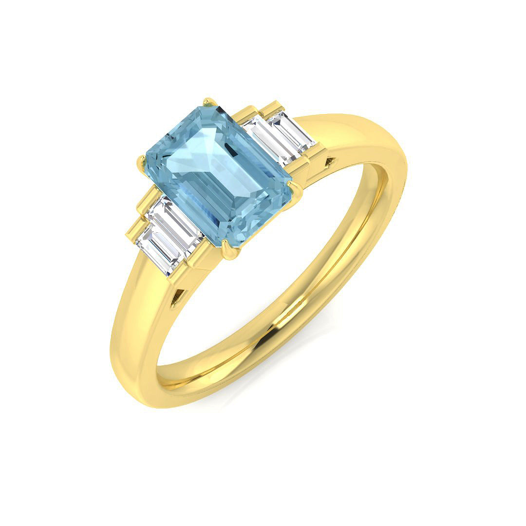 Emerald Cut Aquamarine Ring with Baguette Diamonds - UK Hallmarked in 10K/14K gold and platinum with certified lab-grown or natural diamonds