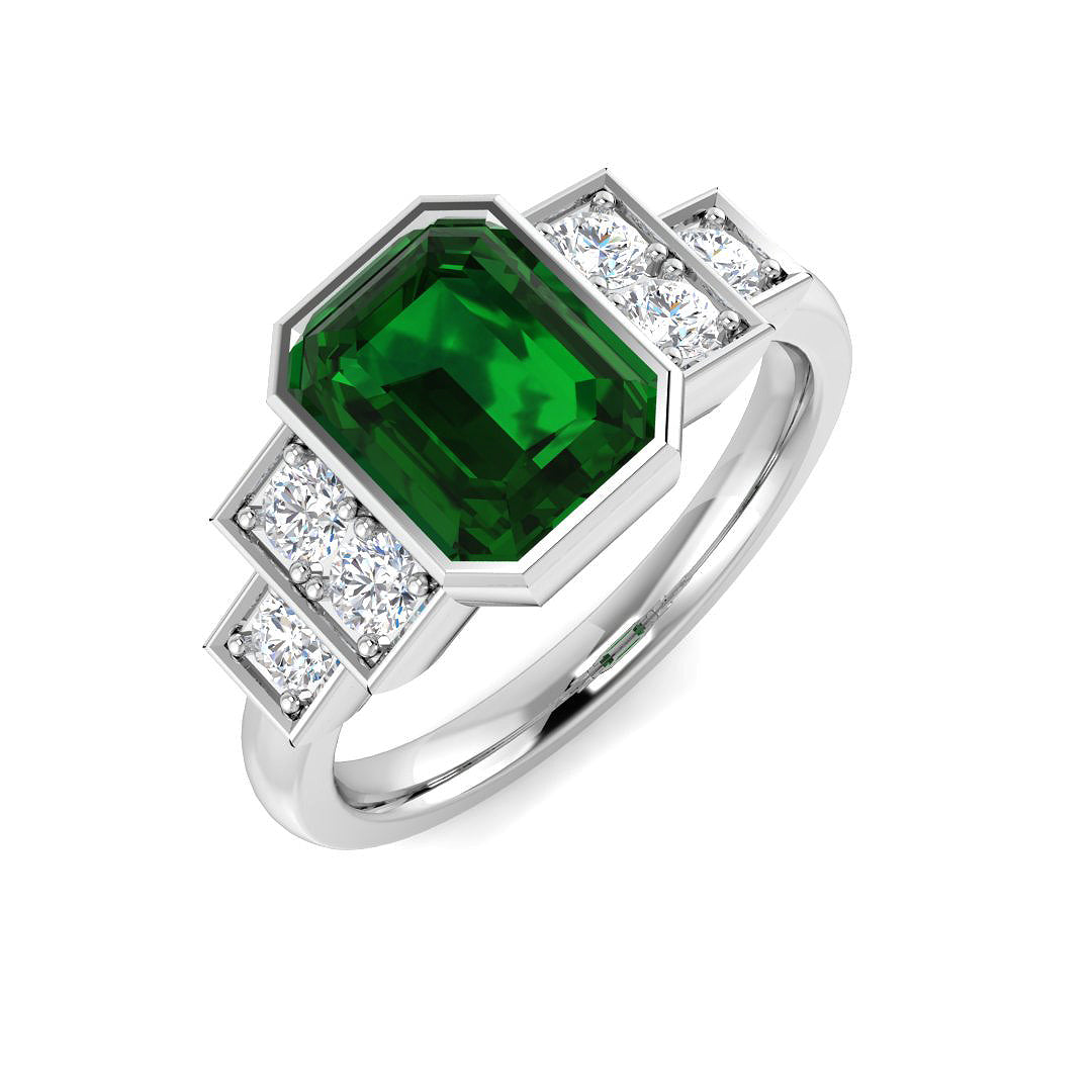 Emerald Cut Bezel Set Diamond Ring with Pave Band in 10K/14K gold and platinum with certified lab-grown or natural diamonds