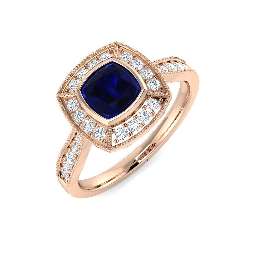 Vintage Cushion Blue Sapphire Halo Ring with Diamond Halo & Milgrain Detail in 10K/14K gold and platinum with certified lab-grown or natural diamonds