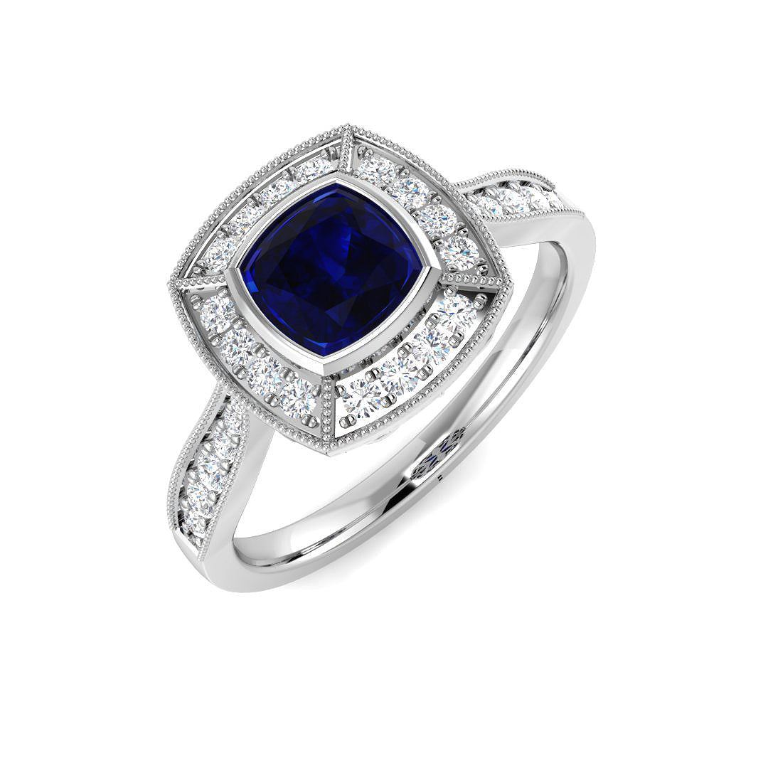 Vintage Cushion Blue Sapphire Halo Ring with Diamond Halo & Milgrain Detail in 10K/14K gold and platinum with certified lab-grown or natural diamonds