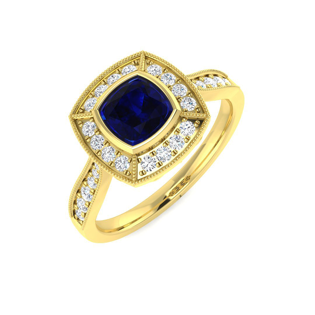 Vintage Cushion Blue Sapphire Halo Ring with Diamond Halo & Milgrain Detail in 10K/14K gold and platinum with certified lab-grown or natural diamonds