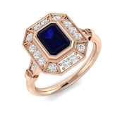 Vintage Cushion Blue Sapphire Halo Ring with Milgrain Detail in 10K/14K gold and platinum with certified lab-grown or natural diamonds
