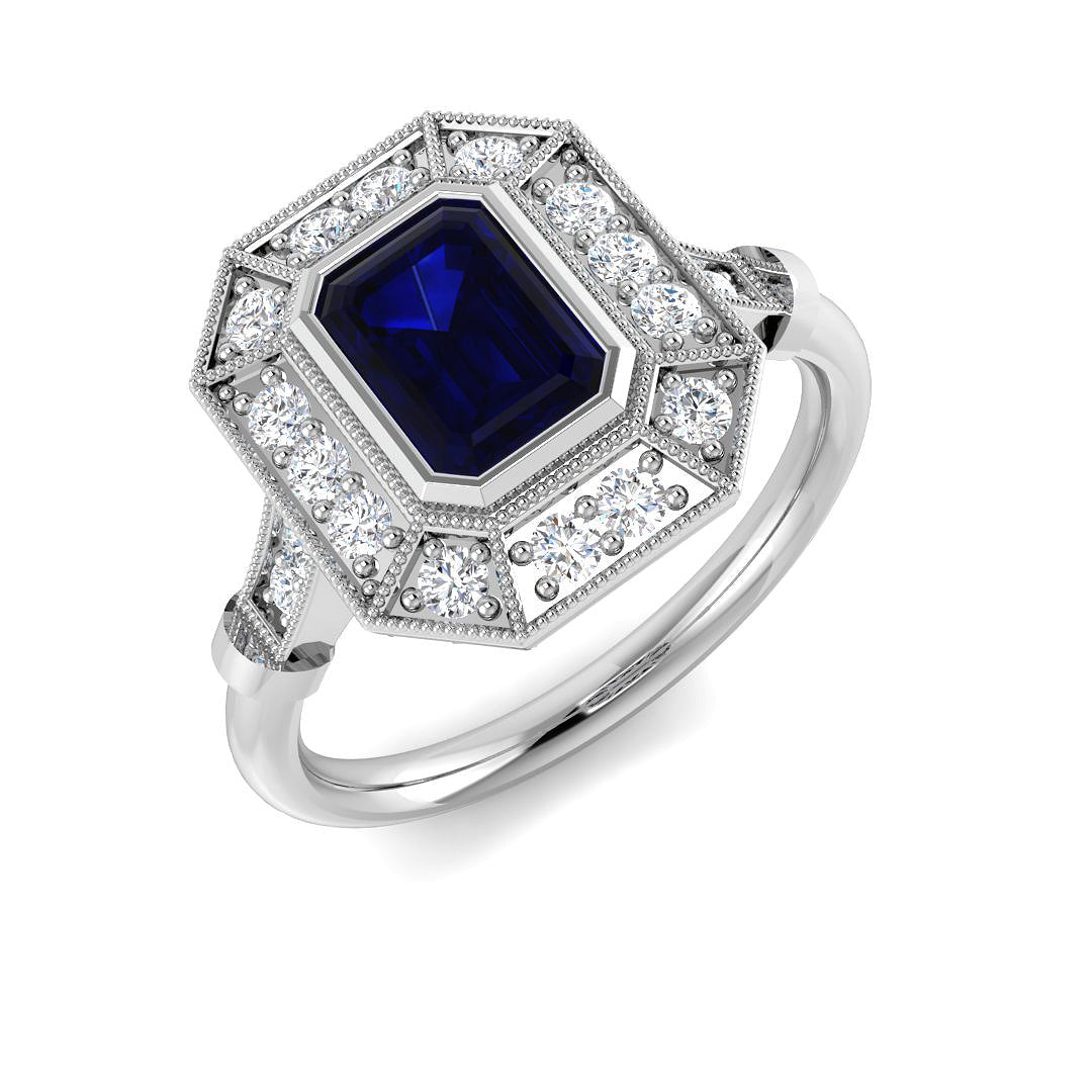 Vintage Cushion Blue Sapphire Halo Ring with Milgrain Detail in 10K/14K gold and platinum with certified lab-grown or natural diamonds