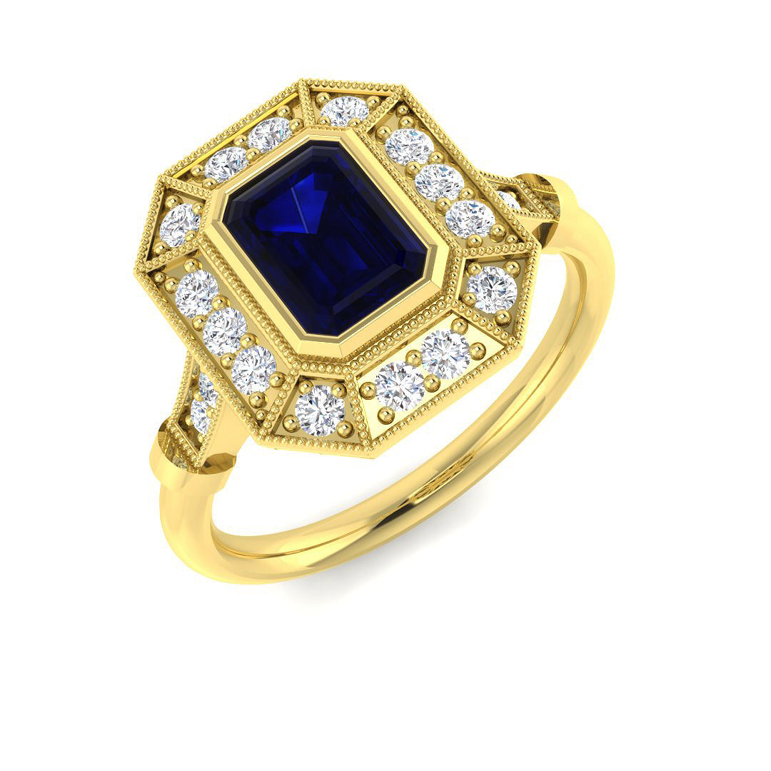 Vintage Cushion Blue Sapphire Halo Ring with Milgrain Detail in 10K/14K gold and platinum with certified lab-grown or natural diamonds