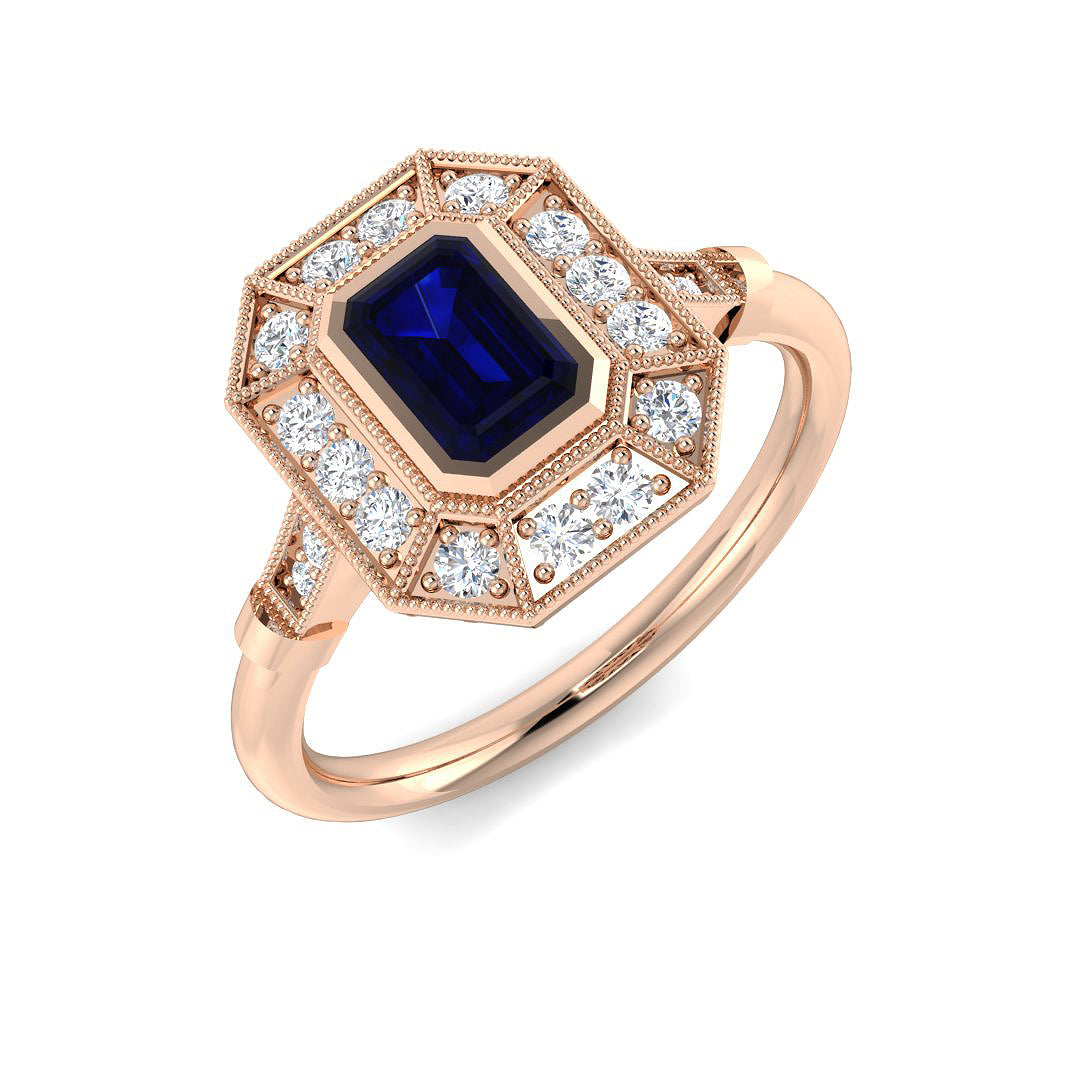 Vintage Blue Sapphire Halo Ring with Round Diamonds & Milgrain Detail in 10K/14K gold and platinum with certified lab-grown or natural diamonds