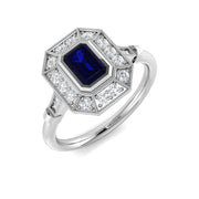 Vintage Blue Sapphire Halo Ring with Round Diamonds & Milgrain Detail in 10K/14K gold and platinum with certified lab-grown or natural diamonds