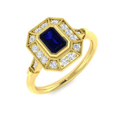 Vintage Blue Sapphire Halo Ring with Round Diamonds & Milgrain Detail in 10K/14K gold and platinum with certified lab-grown or natural diamonds
