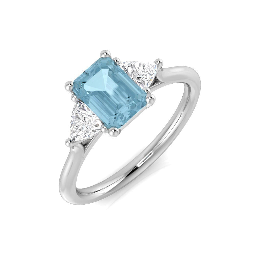 Emerald Cut Aquamarine Ring with Trillion Cut Diamonds - UK Made in 10K/14K gold and platinum with certified lab-grown or natural diamonds