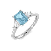 Emerald Cut Aquamarine Ring with Trillion Cut Diamonds - UK Made in 10K/14K gold and platinum with certified lab-grown or natural diamonds