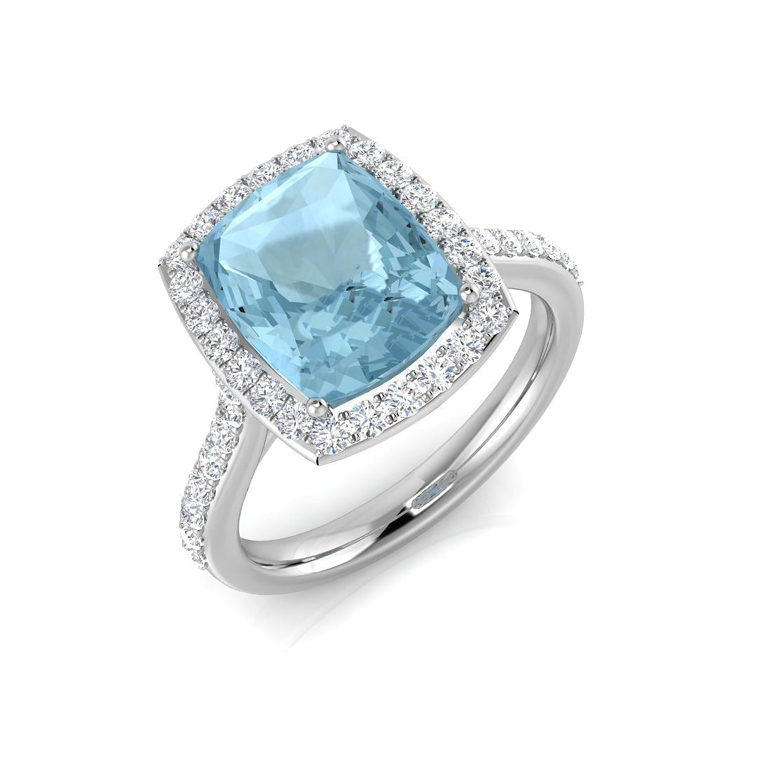 Aquamarine Cushion Cut Diamond Halo Engagement Ring in 10K/14K gold and platinum with certified lab-grown or natural diamonds