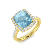 Aquamarine Cushion Cut Diamond Halo Engagement Ring in 10K/14K gold and platinum with certified lab-grown or natural diamonds