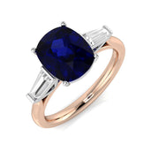 Cushion Blue Sapphire & Baguette Diamond Three Stone Engagement Ring in 10K/14K gold and platinum with certified lab-grown or natural diamonds