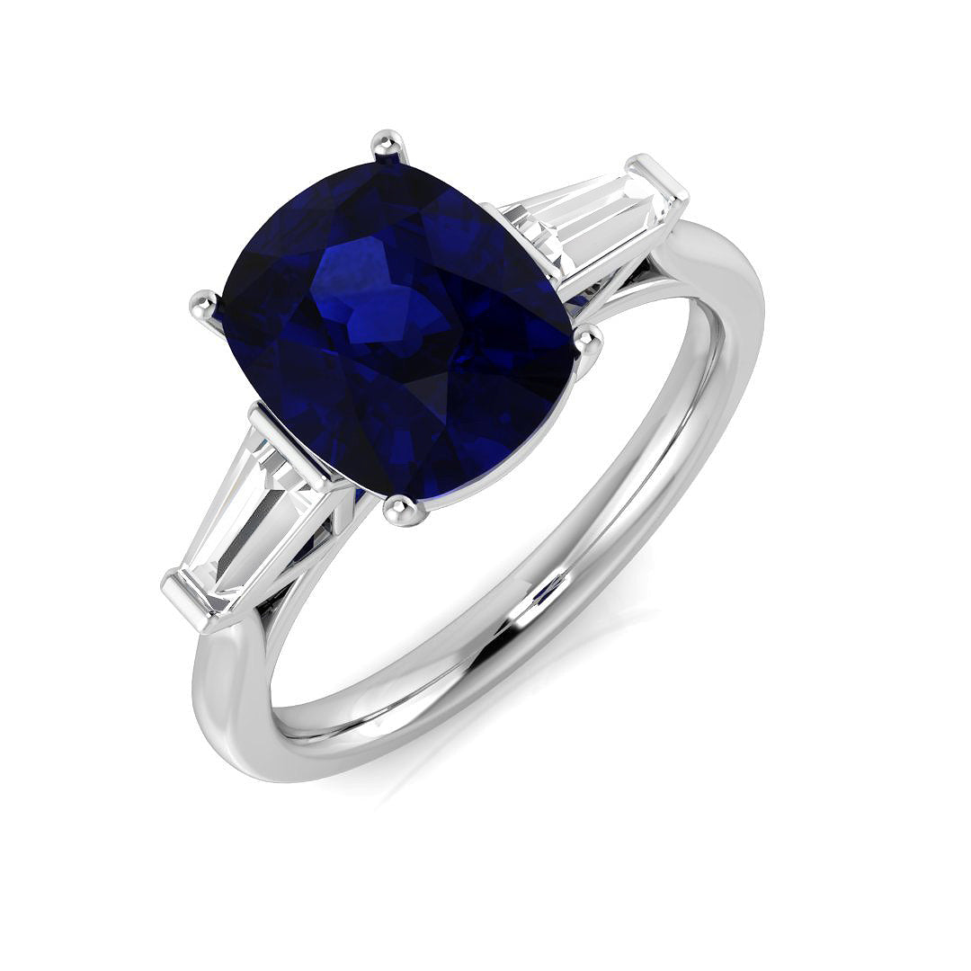 Cushion Blue Sapphire & Baguette Diamond Three Stone Engagement Ring in 10K/14K gold and platinum with certified lab-grown or natural diamonds