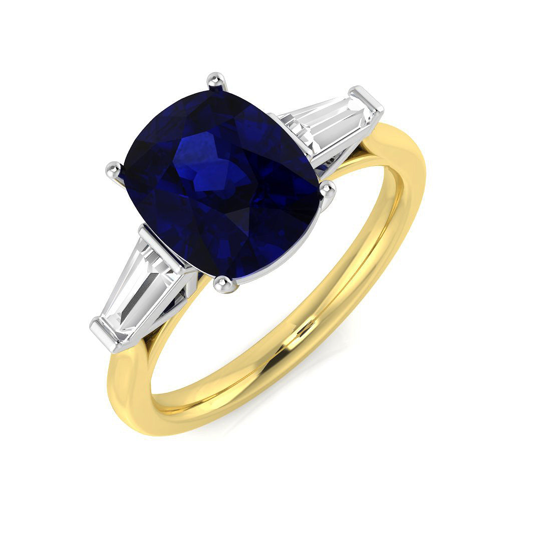 Cushion Blue Sapphire & Baguette Diamond Three Stone Engagement Ring in 10K/14K gold and platinum with certified lab-grown or natural diamonds