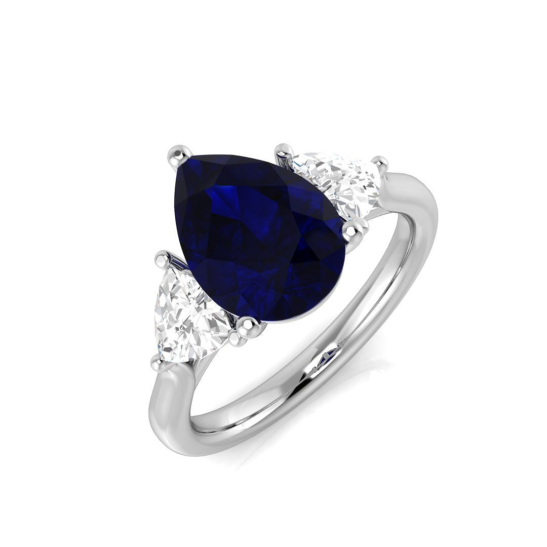 Pear Cut Blue Sapphire Ring with Trillion Cut Side Stone Trilogy Ring in 10K/14K gold and platinum with certified lab-grown or natural diamonds