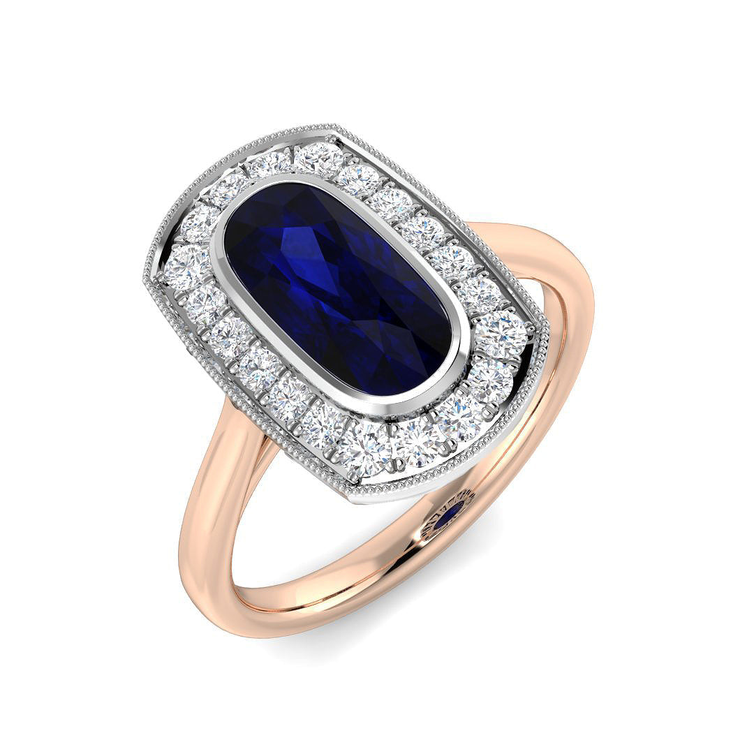 Cushion Blue Sapphire Halo Ring with Round Pave Milgrain Diamonds in 10K/14K gold and platinum with certified lab-grown or natural diamonds