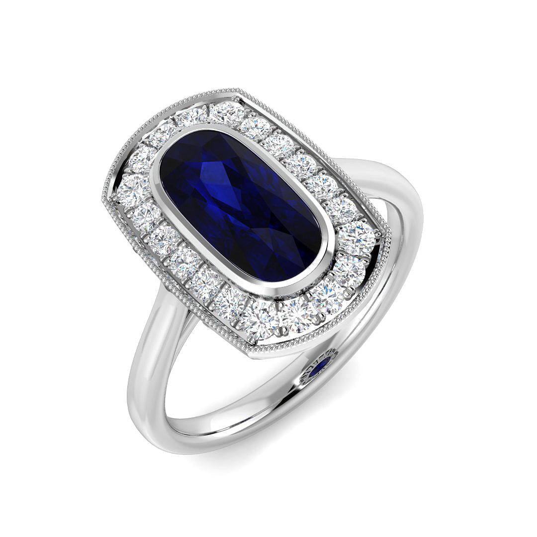 Cushion Blue Sapphire Halo Ring with Round Pave Milgrain Diamonds in 10K/14K gold and platinum with certified lab-grown or natural diamonds