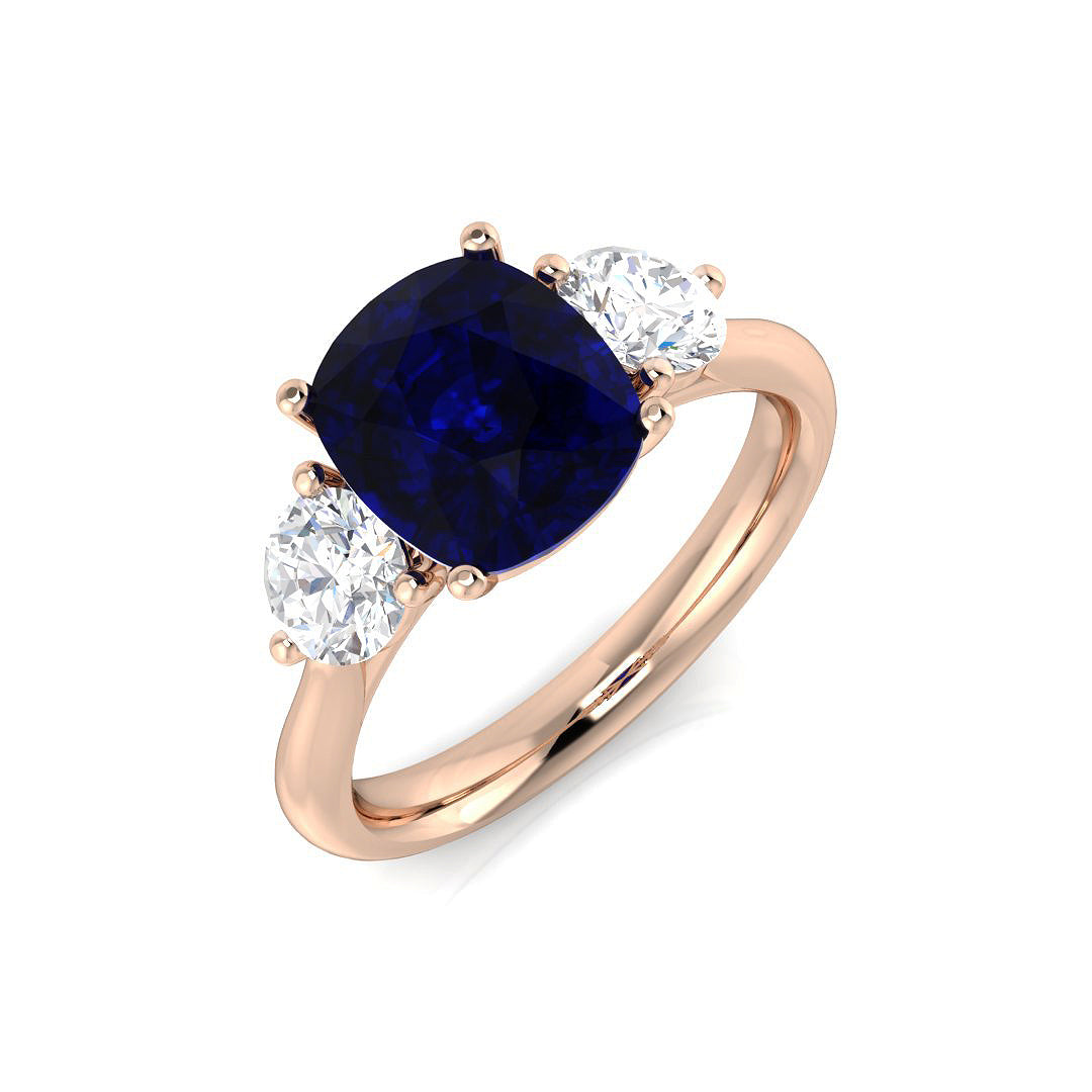 Cushion Cut Blue Sapphire Ring with Natural Round Side Stones Trilogy in 10K/14K gold and platinum with certified lab-grown or natural diamonds