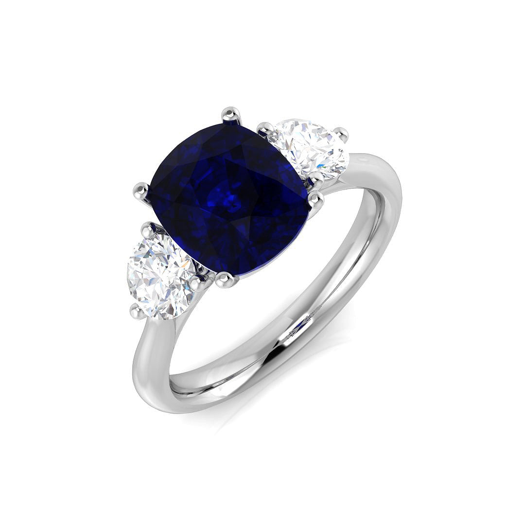 Cushion Cut Blue Sapphire Ring with Natural Round Side Stones Trilogy in 10K/14K gold and platinum with certified lab-grown or natural diamonds