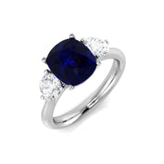 Cushion Cut Blue Sapphire Ring with Natural Round Side Stones Trilogy in 10K/14K gold and platinum with certified lab-grown or natural diamonds