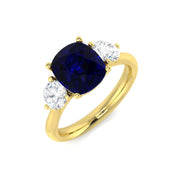 Cushion Cut Blue Sapphire Ring with Natural Round Side Stones Trilogy in 10K/14K gold and platinum with certified lab-grown or natural diamonds