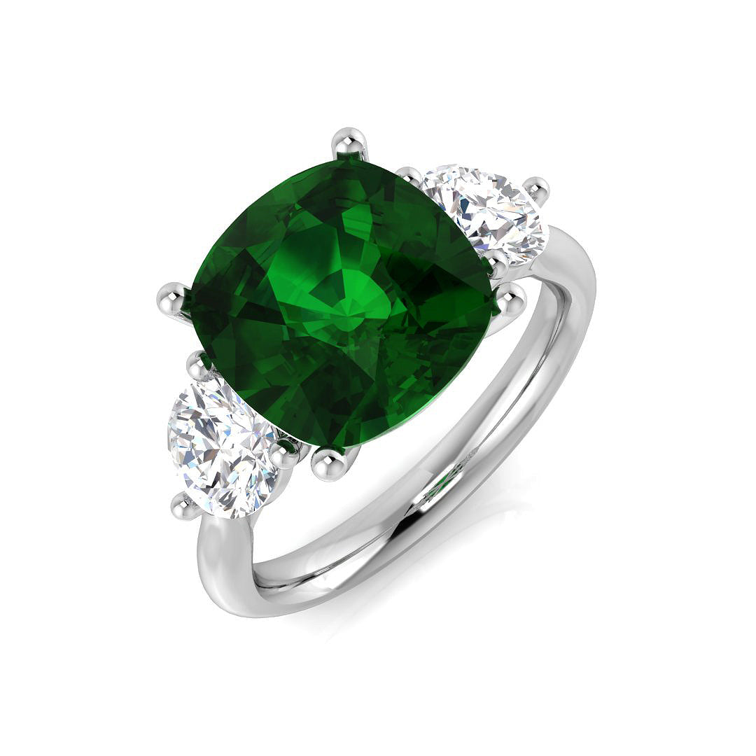 Cushion Cut Emerald Ring with Round Diamond Side Stones in 10K/14K gold and platinum with certified lab-grown or natural diamonds