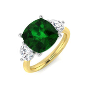 Cushion Cut Emerald Ring with Round Diamond Side Stones in 10K/14K gold and platinum with certified lab-grown or natural diamonds