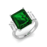 Emerald Cut Green Gemstone Three Stone Ring with Baguette Cut Diamond Side Stones in 10K/14K gold and platinum with certified lab-grown or natural diamonds