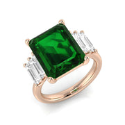 Emerald Cut Green Gemstone Three Stone Ring with Baguette Cut Diamond Side Stones in 10K/14K gold and platinum with certified lab-grown or natural diamonds