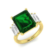 Emerald Cut Green Gemstone Three Stone Ring with Baguette Cut Diamond Side Stones in 10K/14K gold and platinum with certified lab-grown or natural diamonds