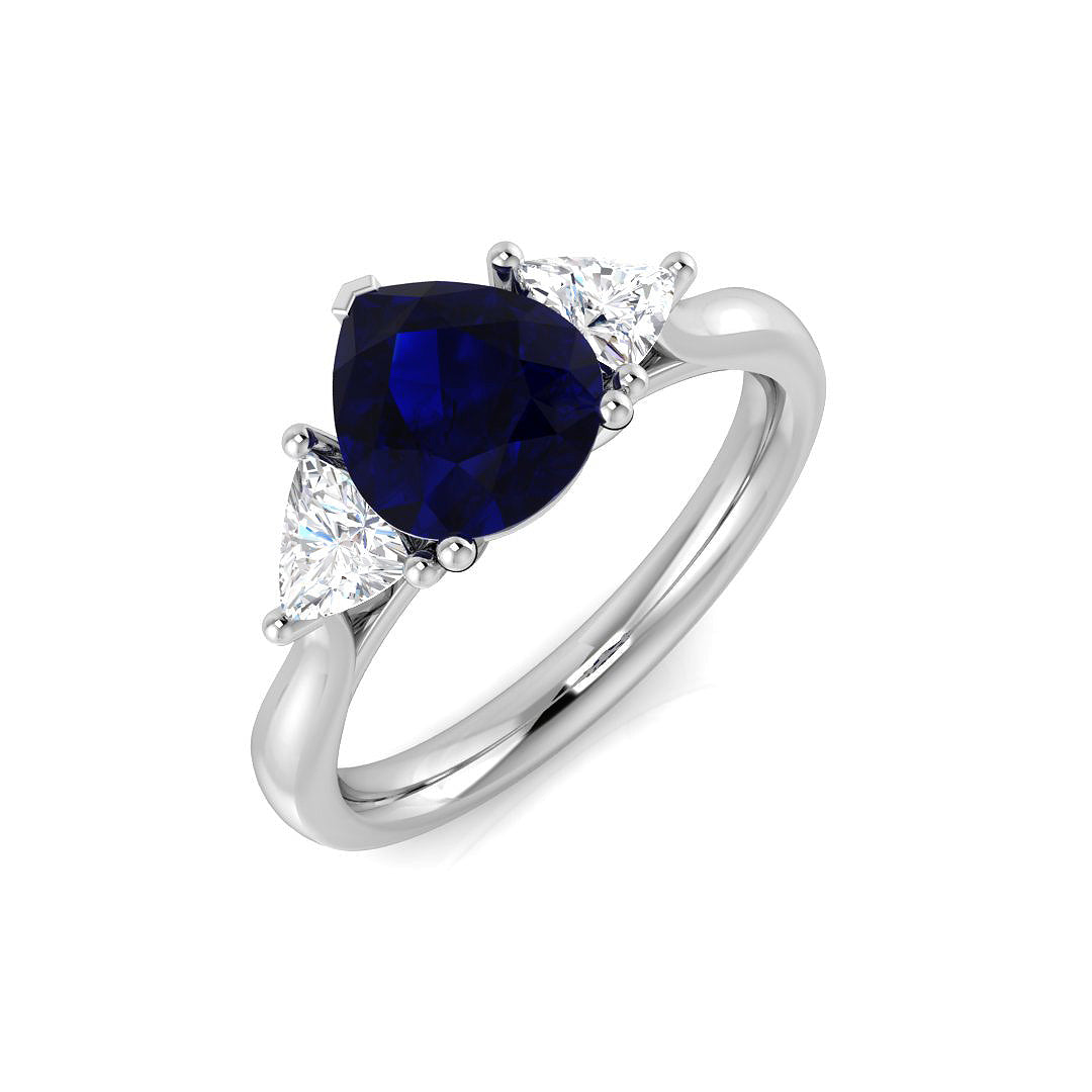 Pear Cut Blue Sapphire Ring with Trillion Cut Side Stone Trilogy Ring in 10K/14K gold and platinum with certified lab-grown or natural diamonds