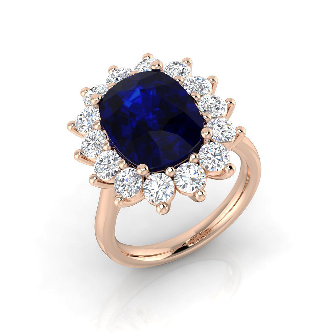 Blue Sapphire Cluster Ring in Cushion Cut with Natural Pave Diamond in 10K/14K gold and platinum with certified lab-grown or natural diamonds