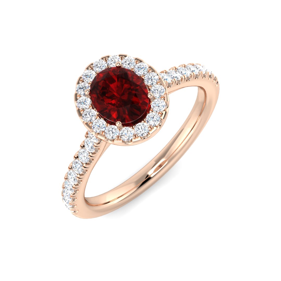 Ruby Halo Diamond Engagement Ring with Round Side Stones in 10K/14K gold and platinum with certified lab-grown or natural diamonds