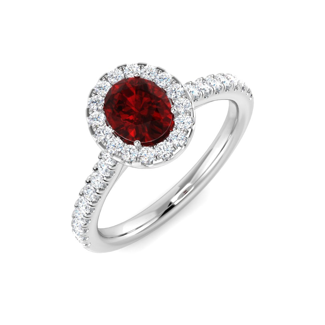 Ruby Halo Diamond Engagement Ring with Round Side Stones in 10K/14K gold and platinum with certified lab-grown or natural diamonds