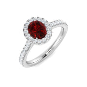 Ruby Halo Diamond Engagement Ring with Round Side Stones in 10K/14K gold and platinum with certified lab-grown or natural diamonds