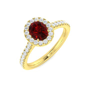 Ruby Halo Diamond Engagement Ring with Round Side Stones in 10K/14K gold and platinum with certified lab-grown or natural diamonds