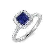 Emerald Cut Blue Sapphire Halo Ring in 10K/14K gold and platinum with certified lab-grown or natural diamonds