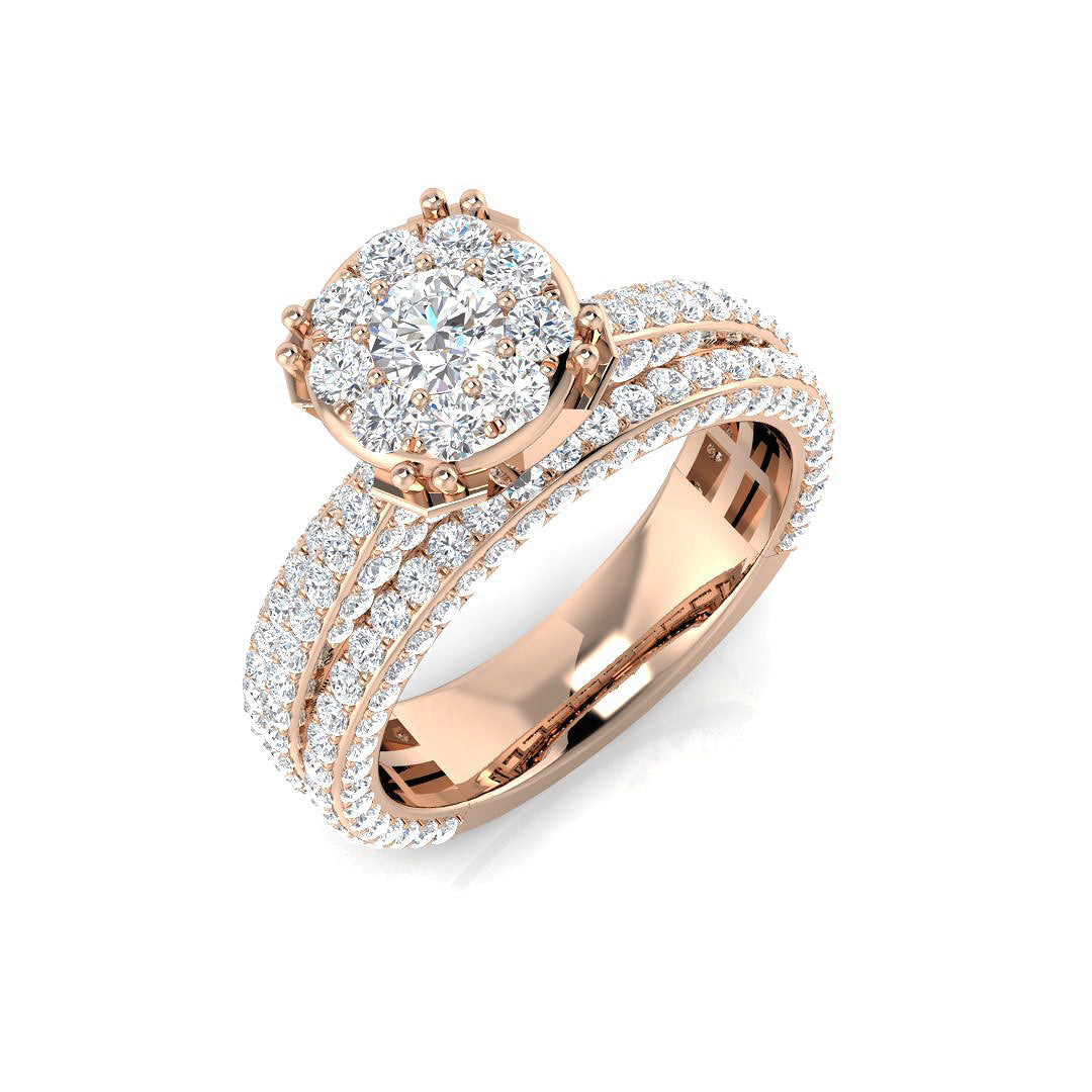 2ct Round Diamond Cluster Ring with Split Pavé Band in 10K/14K gold and platinum with certified lab-grown or natural diamonds