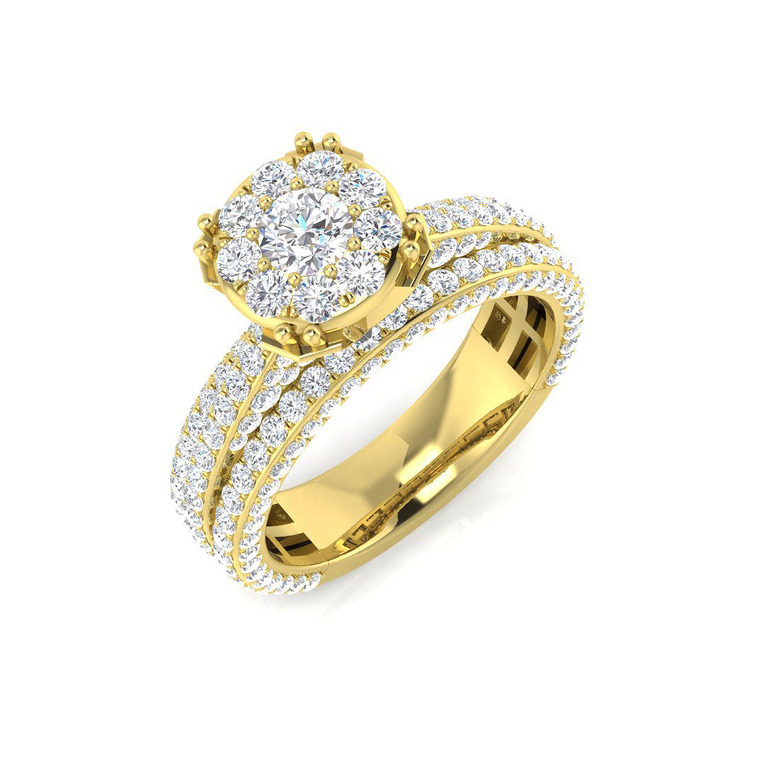 2ct Round Diamond Cluster Ring with Split Pavé Band in 10K/14K gold and platinum with certified lab-grown or natural diamonds